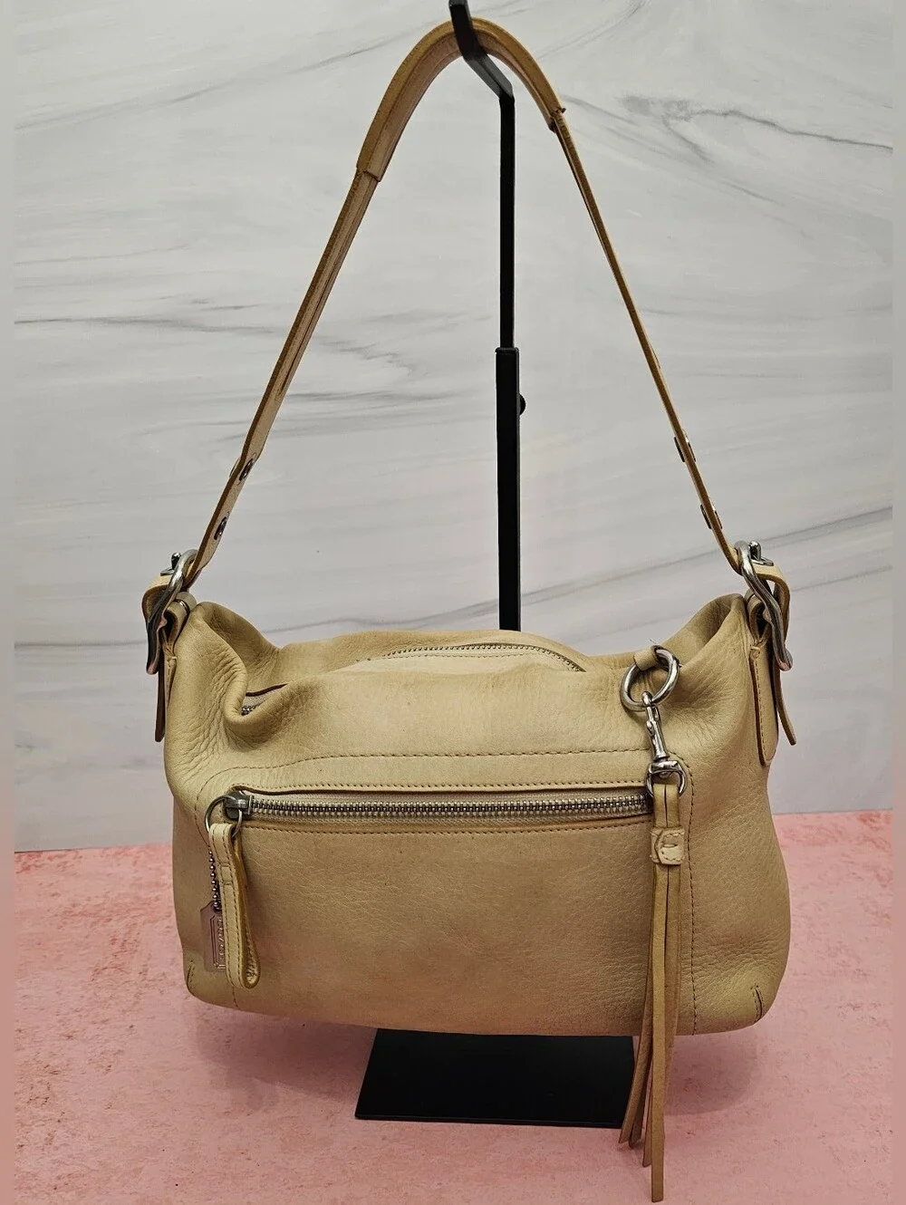 Coach Style 1429 Cream Pebbled Leather Hobo Shoulder Bag Tassel Adjustable Strap